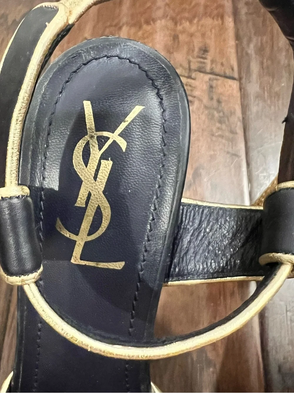 Yves Saint Laurent Black and Gold Woven Platform Sandals